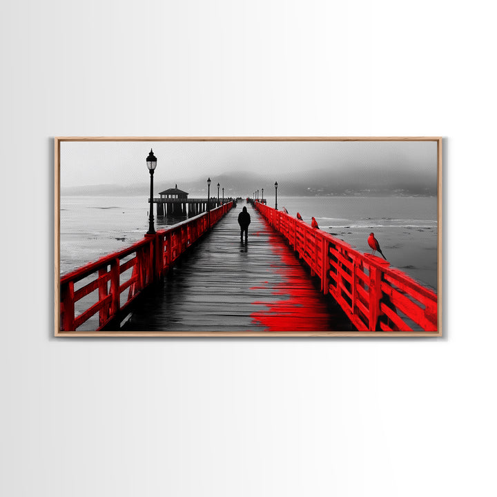Pier, Red Railings, Fog, Lonely walk down a vivid red pier into the mist in this Framed Canvas Print, Coastal Decor, Minimalist Wall Art