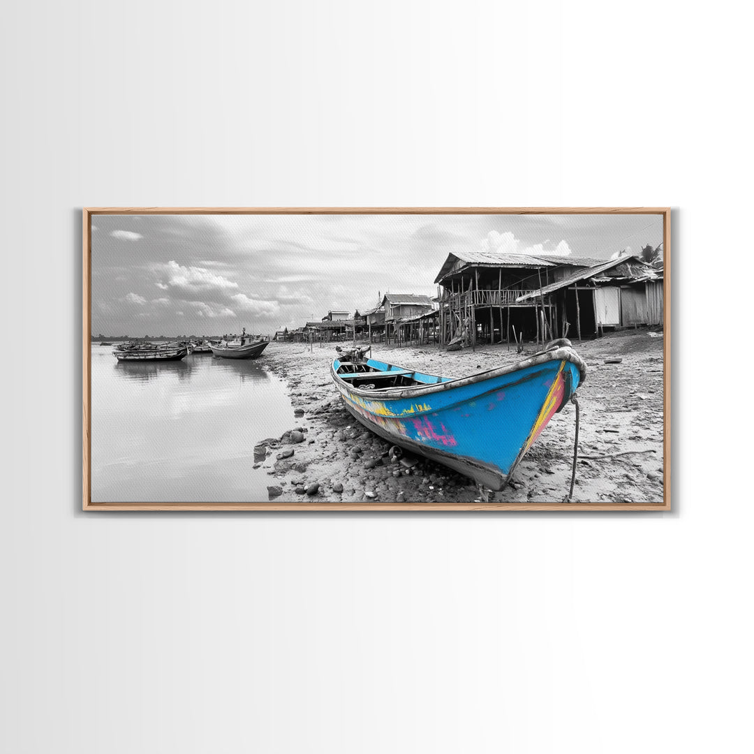 Blue Boat, Shore Village, Coastal Charm, Framed Canvas Print, Rustic Fishing Art, Seaside Home Decor, Nautical Style, Ocean Wall Art