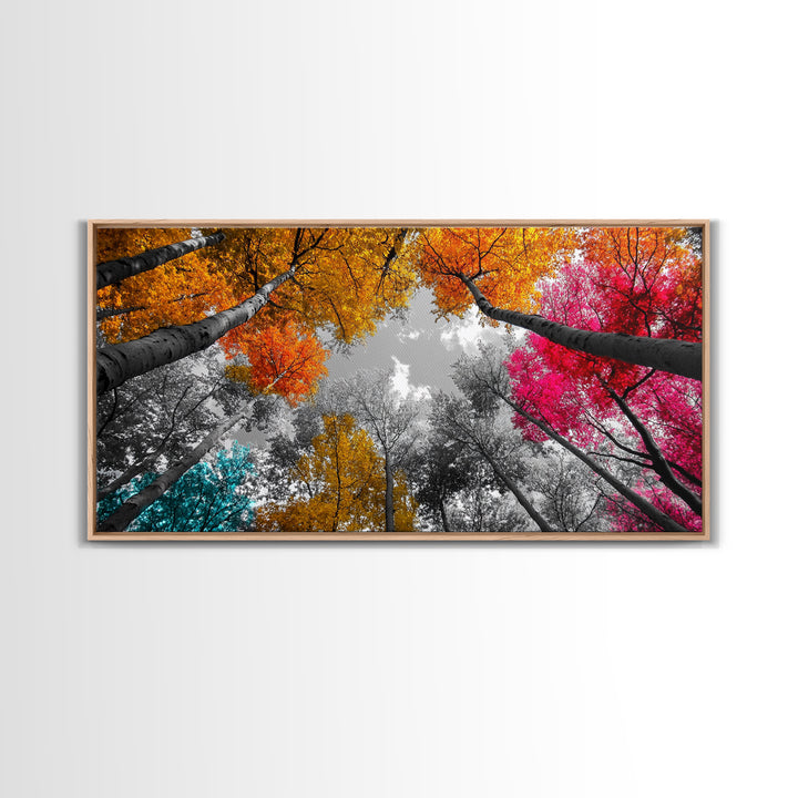 Autumn Trees, Colorful Forest, Fall Foliage, Looking Up, Framed Canvas Print, Vibrant Nature, Living Room Wall Art, Boho Style