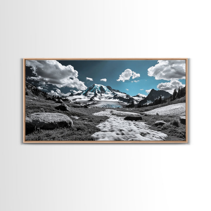 Blue Sky, Glacial Mountain, Winter Landscape, Nature Scene, Framed Canvas Print, Cabin Wall Art, Snowy Hiking Trail, Minimalist Nature Art