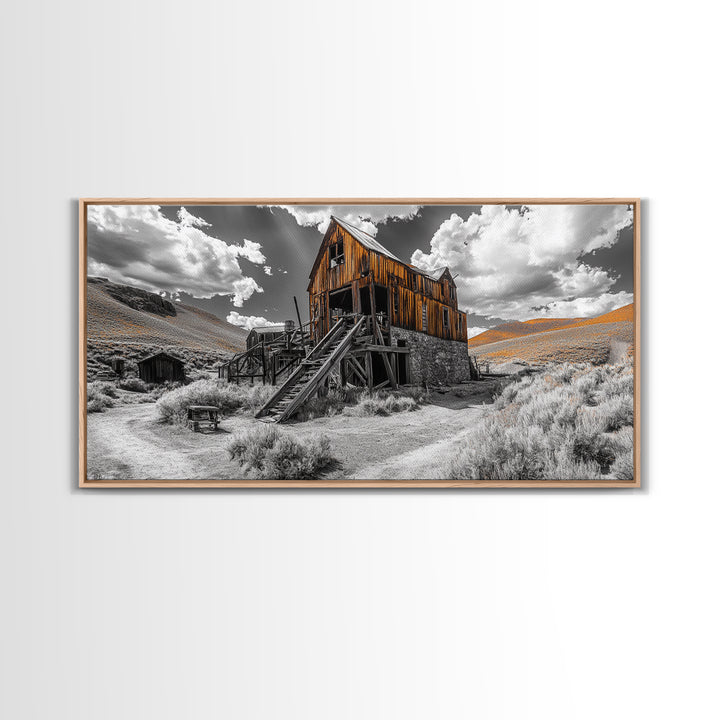 Desert Barn, Rustic Landscape, Western Vibes, Autumn Glow, Framed Canvas Print, Farmhouse Wall Art, Abandoned Homestead Photography