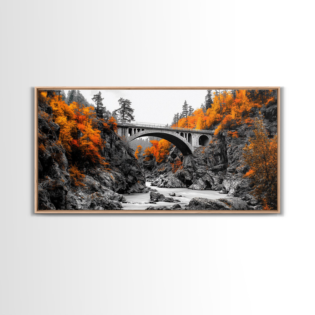 Autumn Bridge, River Gorge, Rustic Nature, Fall Trees, Framed Canvas Print, Cabin Wall Art, Seasonal Decor, Scenic Travel Landscape