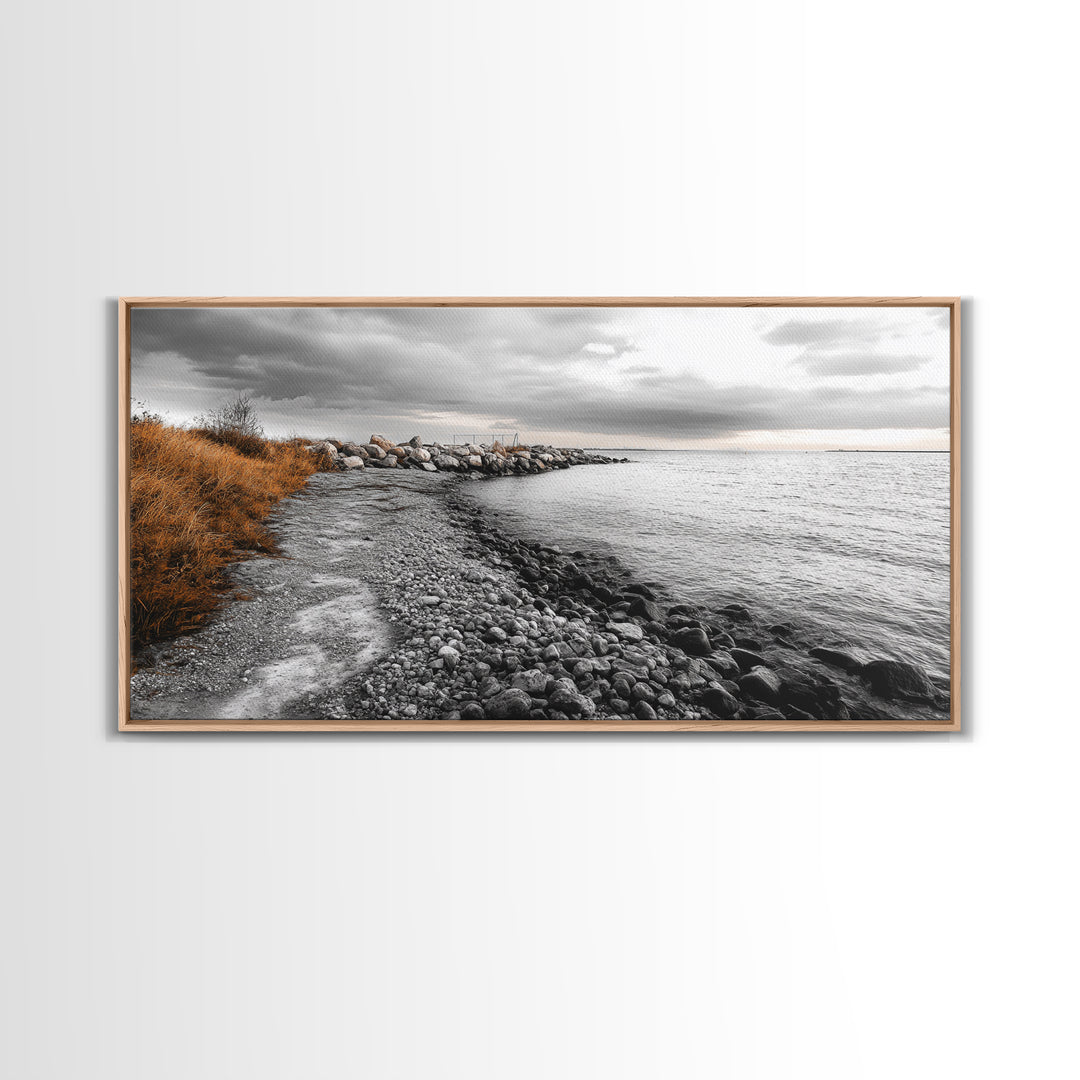 Coastal Path, Stormy Shore, Serene View, Monochrome Mood, Framed Canvas Print, Beach Wall Art, Peaceful Nature, Seaside Photography Decor