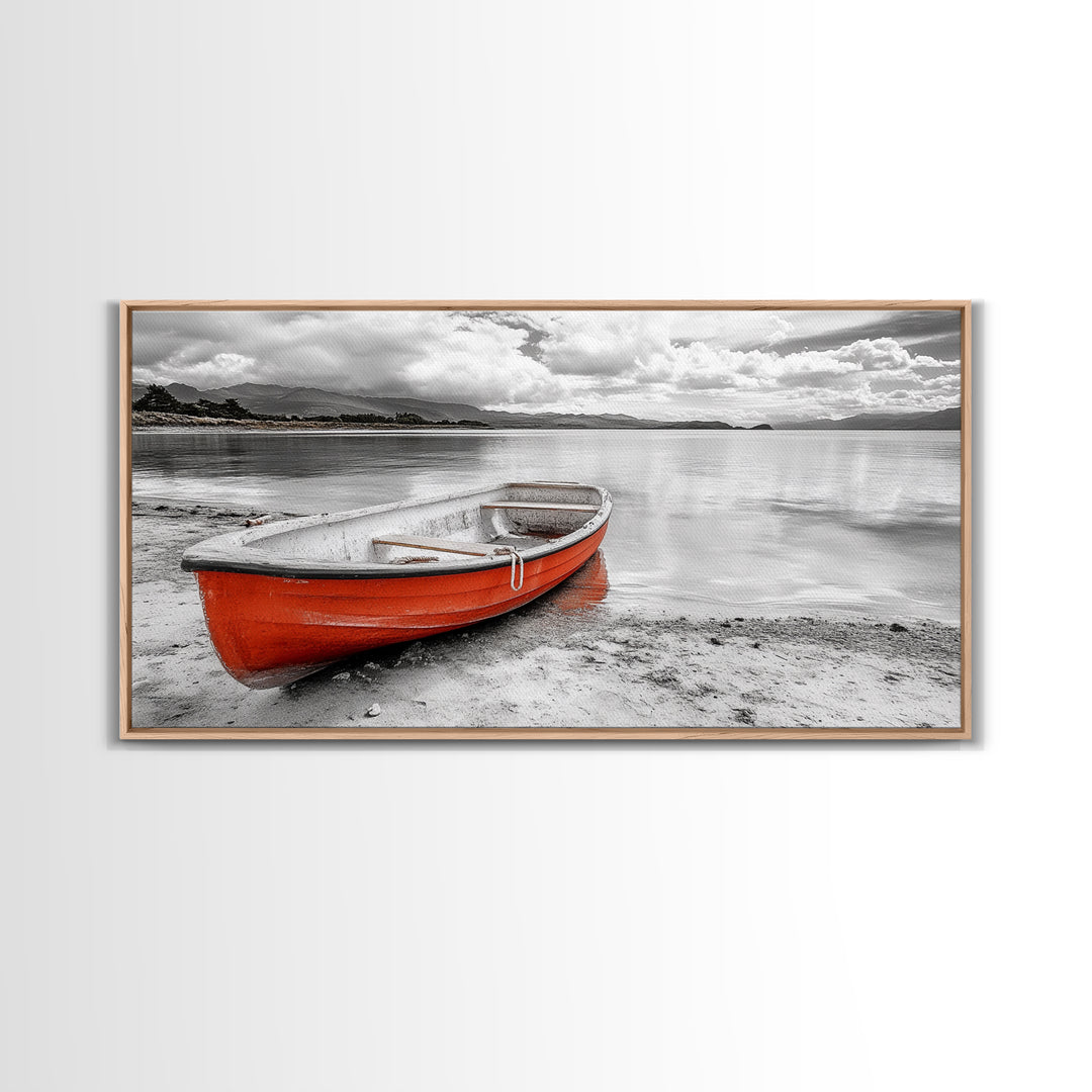 Beached Boat, Calm Waters, Cloudy Horizon, Serene Coastline, Framed Canvas Print, Coastal Wall Art, Minimalist Home Decor, Beach House