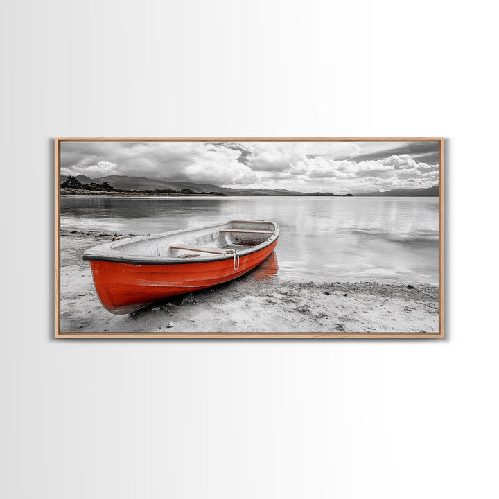 Beached Boat, Calm Waters, Cloudy Horizon, Serene Coastline, Framed Canvas Print, Coastal Wall Art, Minimalist Home Decor, Beach House