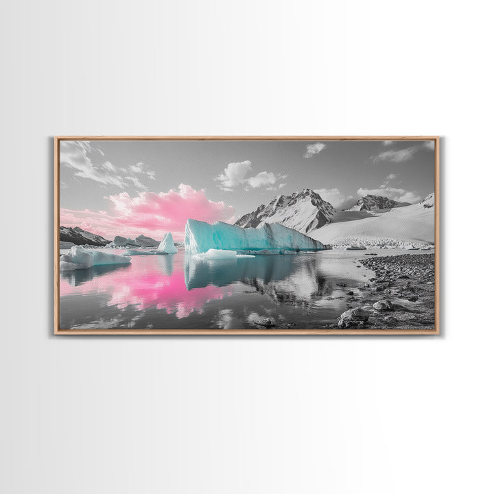 Blue Icebergs, Pink Sky, Glacial Lake, Arctic Dreamscape – Canvas Print, Nature Photography Art, Bedroom Wall Art, Serene Winter Decor