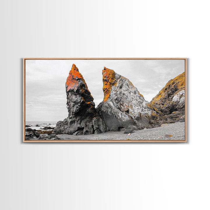 Rocky Cliffs, Orange Moss, Ocean Landscape, Coastal Vibe – Framed Canvas Print, Nature Wall Art, Fall Inspired Decor, Bathroom or Hallway