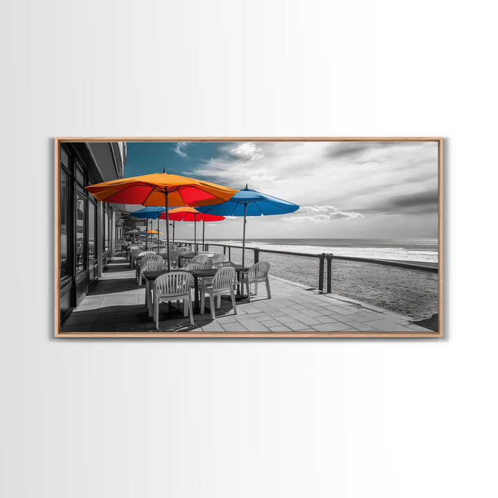 Ocean Café, Coastal Dining, Bright Umbrellas, Seaside View, Framed Canvas Print, Kitchen Wall Art, Beachfront Vibe, Color Pop Style