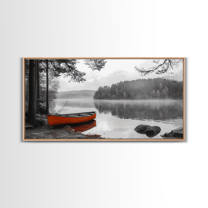 Misty Lake, Orange Boat, Forest Reflections, Foggy Calm – Canvas Print, Nature Wall Art, Fall Cabin Decor, Cozy Landscape Photography