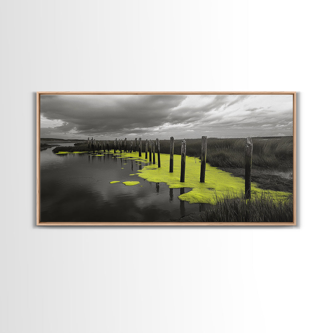 Coastal Marsh, Minimalist Nature, Black and White Art, Modern Decor, Framed Canvas Print, Bathroom Wall Art, Yellow Accents, Serene Mood