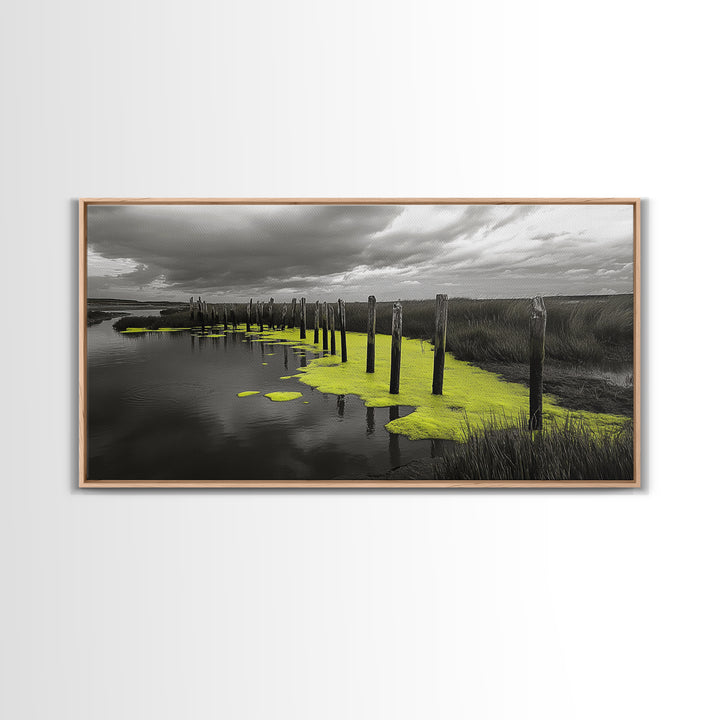 Coastal Marsh, Minimalist Nature, Black and White Art, Modern Decor, Framed Canvas Print, Bathroom Wall Art, Yellow Accents, Serene Mood