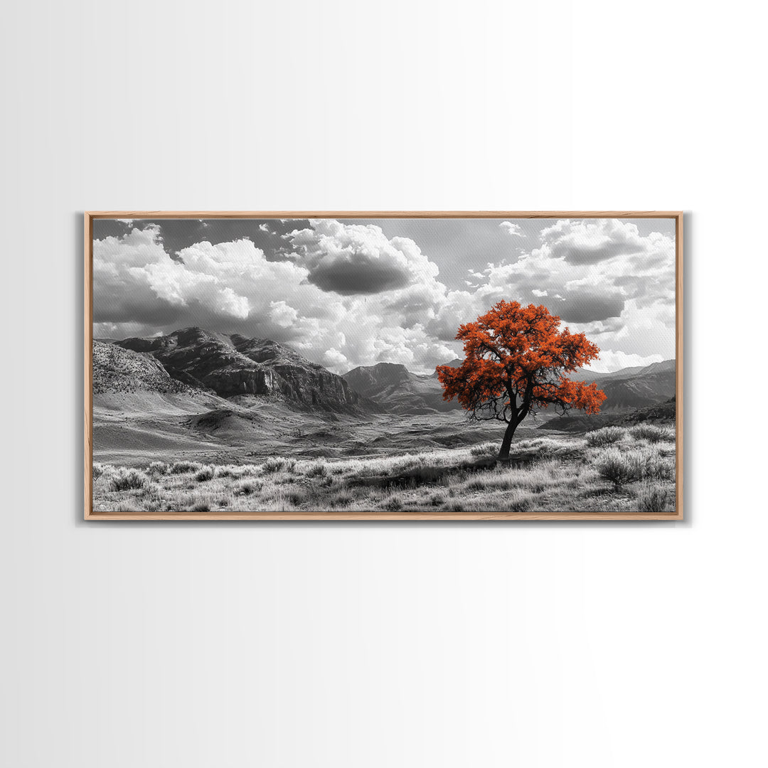 Autumn Tree Vista, Western Mountains Landscape, Vibrant Fall Decor, Dramatic Skies Canvas Print, Framed Canvas Print, Nature Wall Art