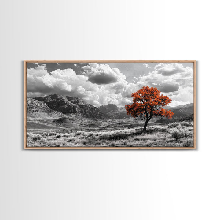 Autumn Tree Vista, Western Mountains Landscape, Vibrant Fall Decor, Dramatic Skies Canvas Print, Framed Canvas Print, Nature Wall Art
