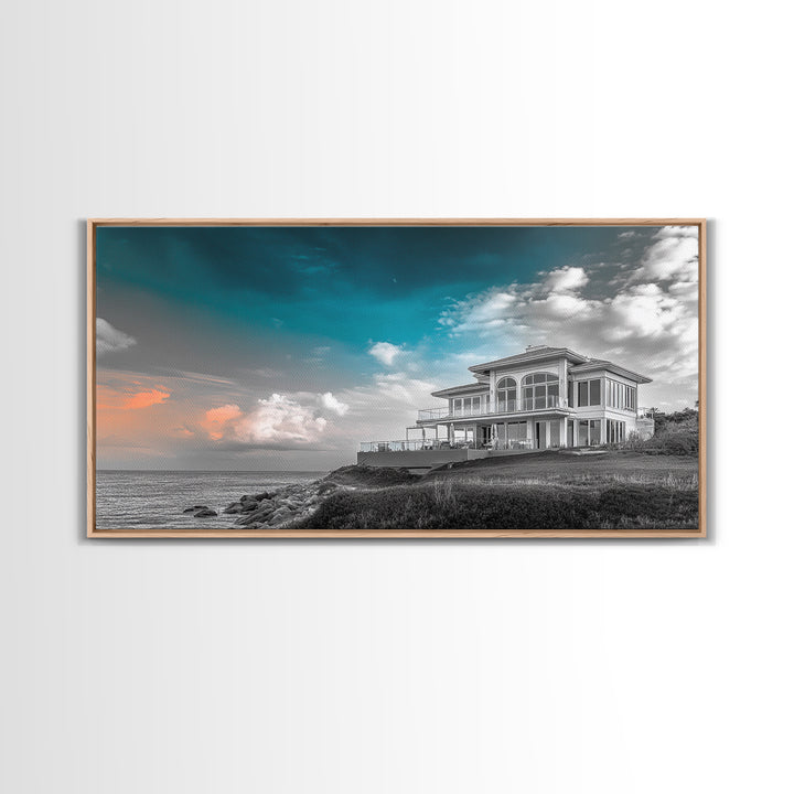 Beach House, Coastal Sunset, Ocean View, Framed Canvas Print, Modern Coastal Decor, Living Room Art, Ocean Sky Photography