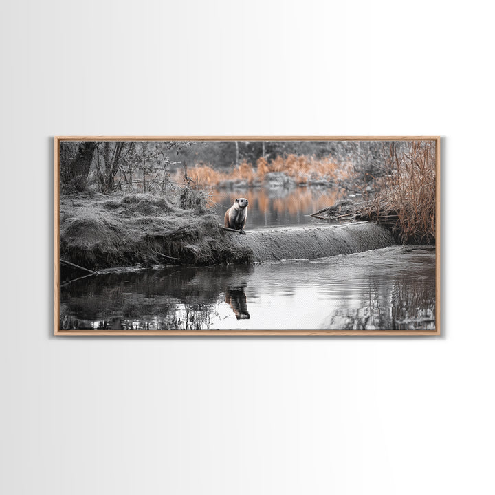 River Otter View, Wildlife Scene, Autumn Nature, Moody Landscape, Framed Canvas Print, Cabin Decor, Animal Wall Art, Woodland Aesthetic