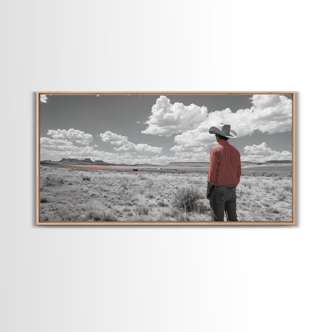 Cowboy Stare, Western Horizon, Desert Dream, American Spirit, Framed Canvas Print, Rustic Bedroom Art, Country Wall Decor, Western Style