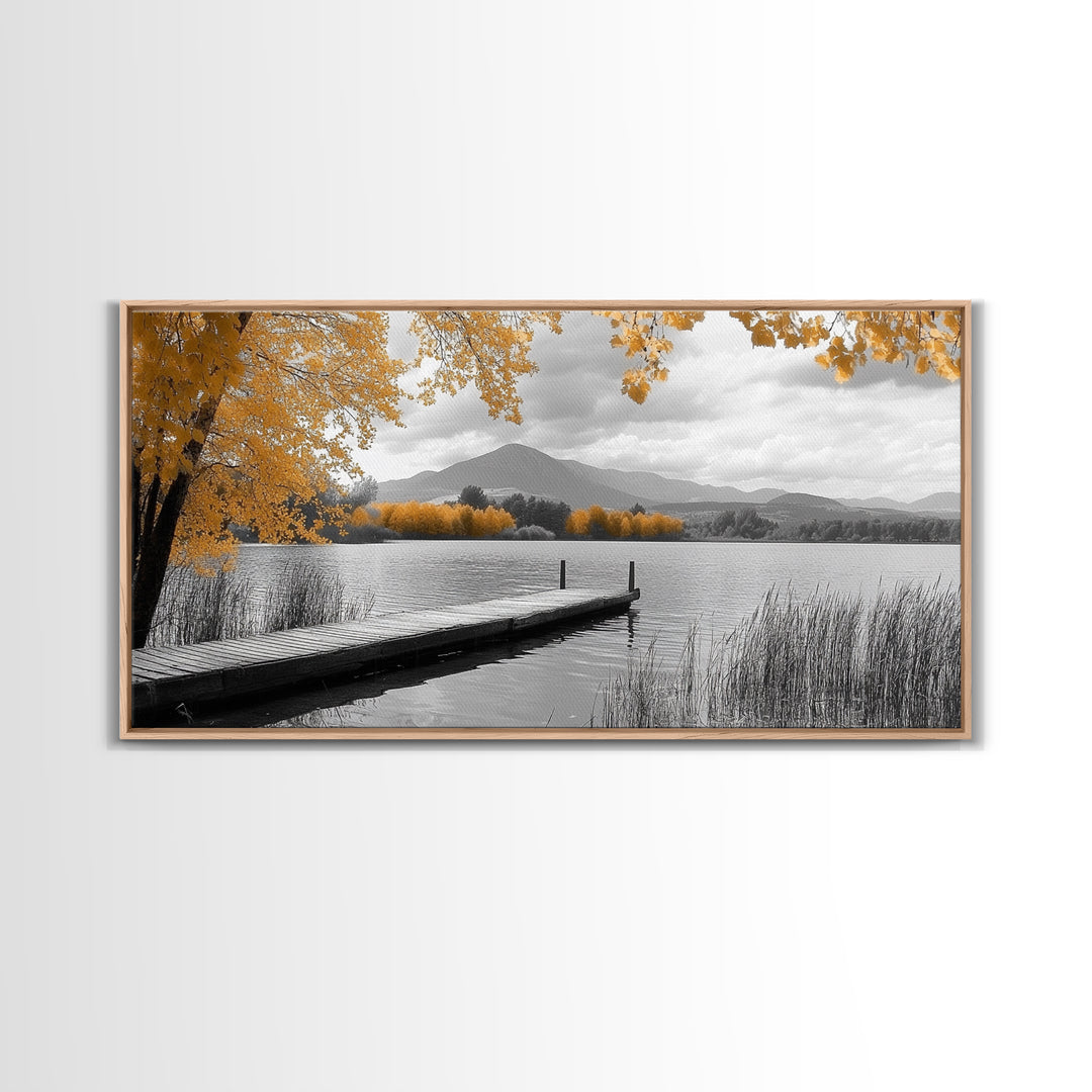 Autumn Lake, Golden Trees, Mountain Calm, Rustic Dock, Framed Canvas Print, Fall Living Room Art, Nature Landscape, Tranquil Cabin Decor