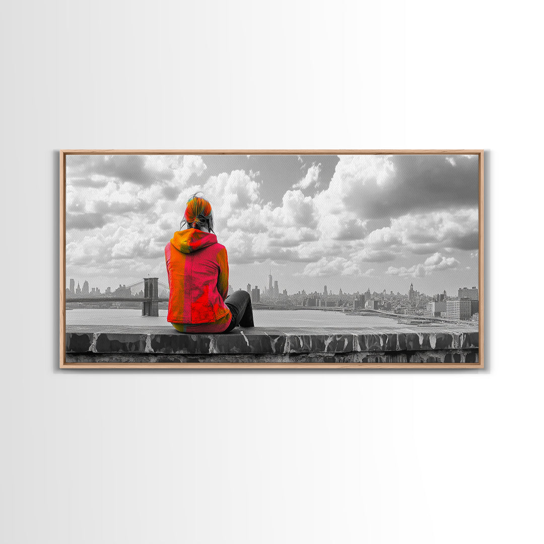 Rooftop View, Urban Woman, Brooklyn Bridge, Reflective Mood, Framed Canvas Print, Modern City Wall Art, Inspirational Office Decor