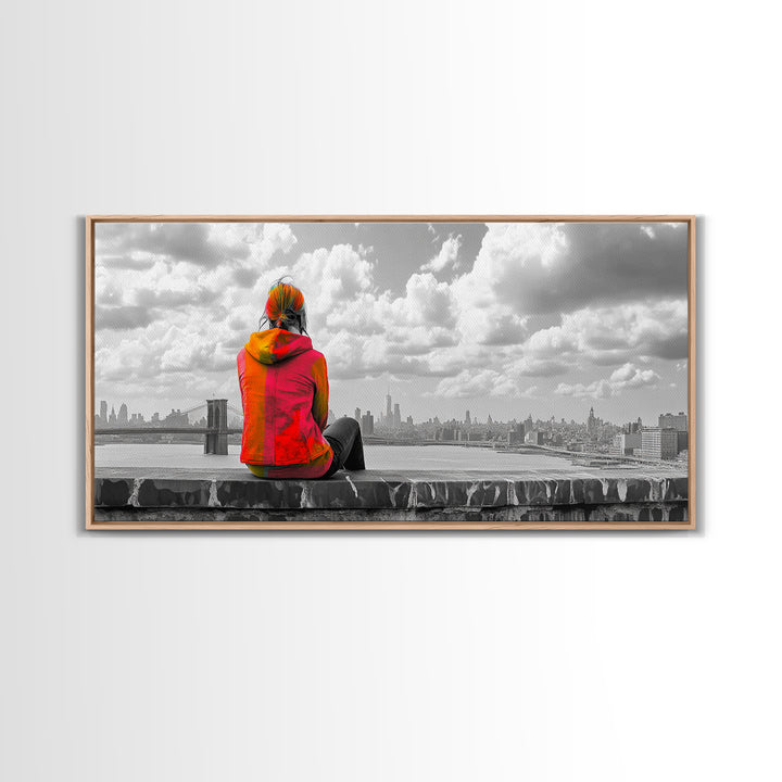 Rooftop View, Urban Woman, Brooklyn Bridge, Reflective Mood, Framed Canvas Print, Modern City Wall Art, Inspirational Office Decor