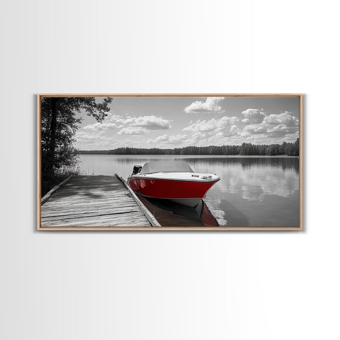 Rustic Boathouse, Red Canoe, Lake Reflection, Tranquil Nature, Framed Canvas Print, Cabin Wall Art, Autumn Lake House Decor