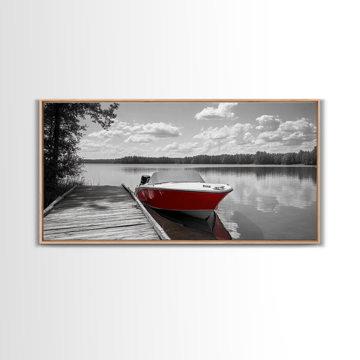 Rustic Boathouse, Red Canoe, Lake Reflection, Tranquil Nature, Framed Canvas Print, Cabin Wall Art, Autumn Lake House Decor
