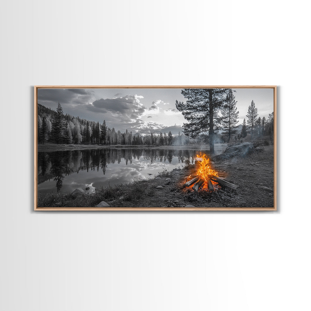 Campfire Sunset, Lake Reflections, Wilderness Escape, Nature Serenity, Framed Canvas Print, Rustic Decor, Autumn Wall Art, Living Room
