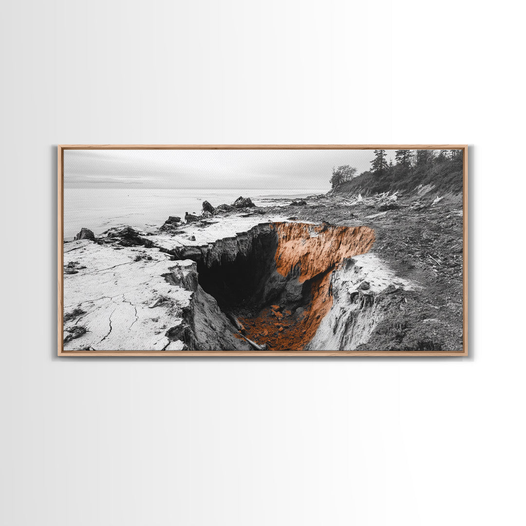 Coastal Cliff, Erosion Edge, Rugged Shoreline, Ocean Mystery, Framed Canvas Print, Modern Nature Wall Art, Earthy Office Decor, Beach Mood