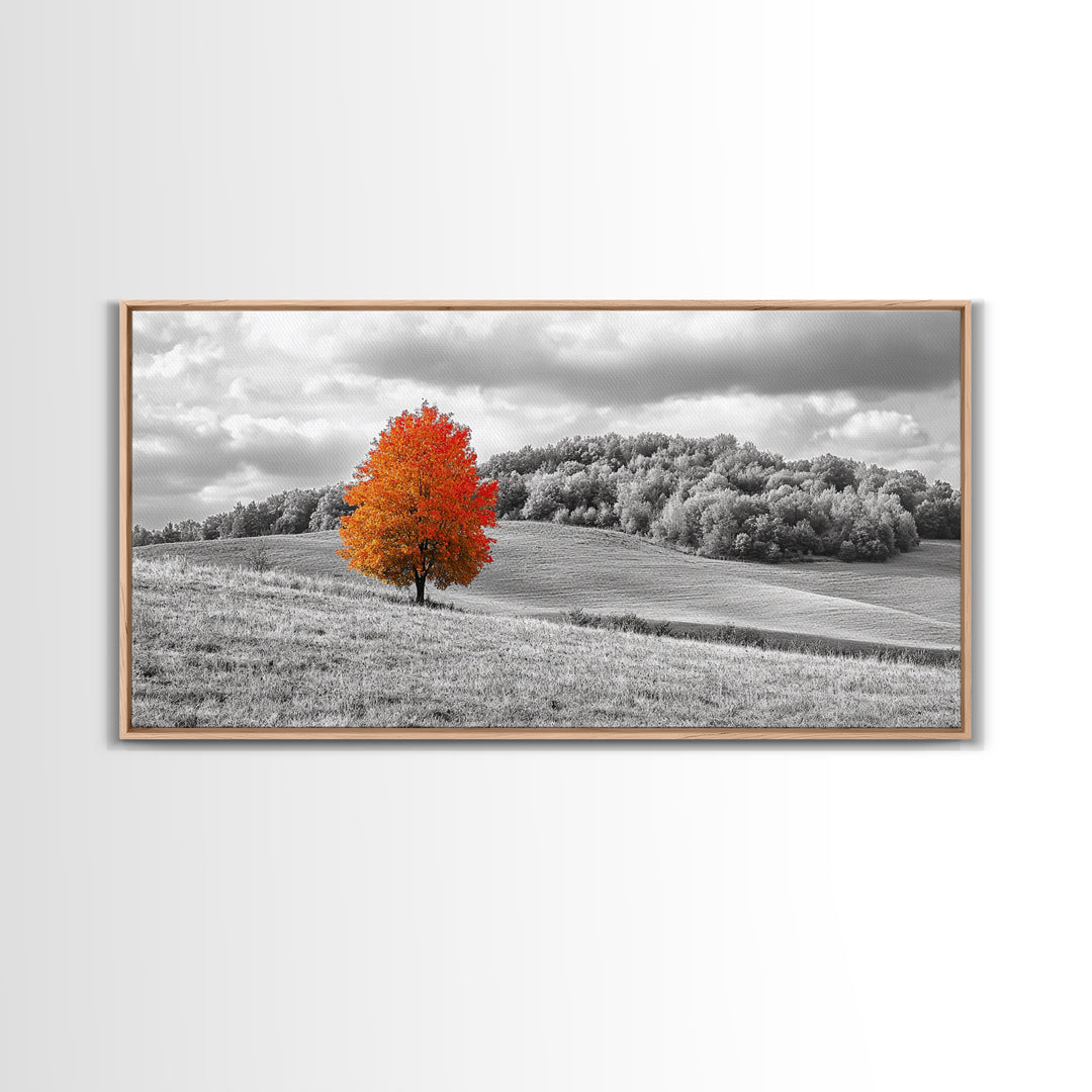 Autumn Tree, Rolling Hills, Minimalist Landscape, Fall Decor, Framed Canvas Print, Office Wall Art, Vibrant Red Orange Tree Scene
