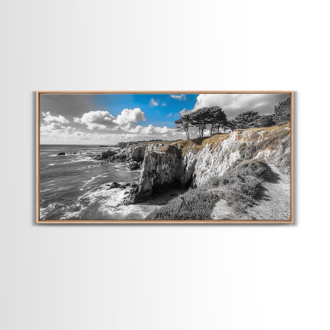 Coastal View, Cliffside Trees, Ocean Horizon, Nature Escape, Canvas Print perfect coastal wall art, minimalist home decor, bathroom art