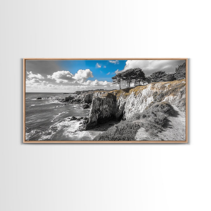 Coastal View, Cliffside Trees, Ocean Horizon, Nature Escape, Canvas Print perfect coastal wall art, minimalist home decor, bathroom art