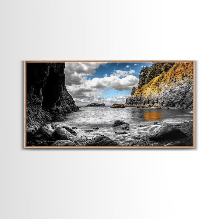 Rocky Cove, Coastal Escape, Golden Hillside, Ocean View, Canvas Print boho coastal art, fall themed decor, living room wall piece
