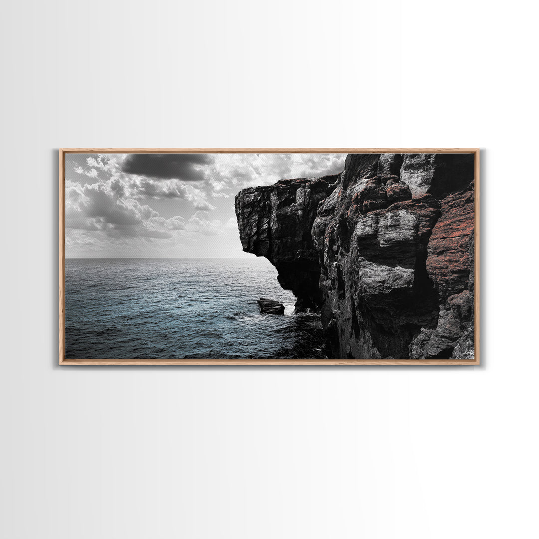 Cliff Edge, Ocean Drop, Moody Seascape, Dramatic Rock Face, Canvas Print modern landscape art, monochrome minimalist decor, bedroom wall art