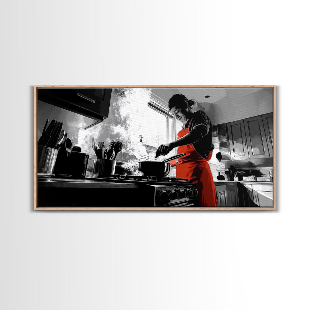 Bold Cooking Moment, Artistic Kitchen Scene, Red Apron Chef, Steam and Light, Framed Canvas Print, Kitchen Wall Art, Modern Pop Style