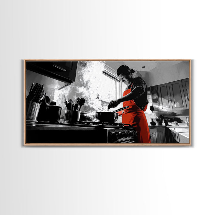Bold Cooking Moment, Artistic Kitchen Scene, Red Apron Chef, Steam and Light, Framed Canvas Print, Kitchen Wall Art, Modern Pop Style