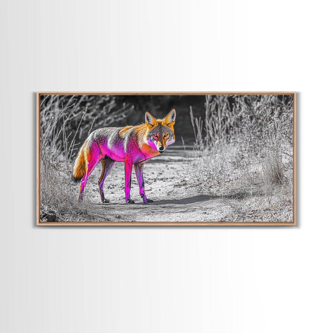 Neon Fox Portrait, Vibrant Wildlife Path Scene, Bright Nature Animal, Framed Canvas Print, Bedroom Wall Art, Psychedelic Animal Style