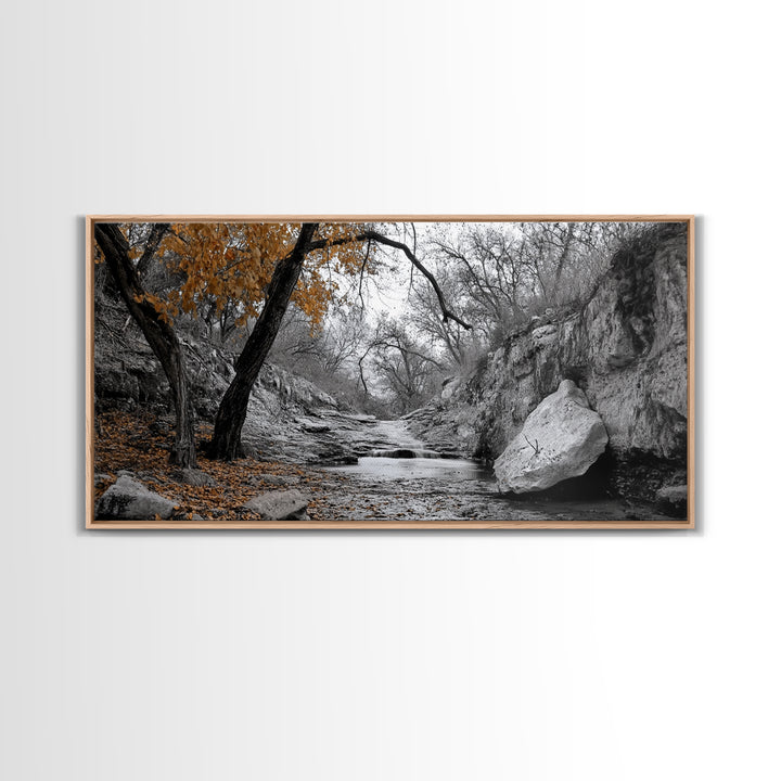 Autumn Stream, Orange Leaves, Waterfall Path, Framed Canvas Print, Fall Wall Art, Rustic Living Room Decor, Seasonal Nature Photography