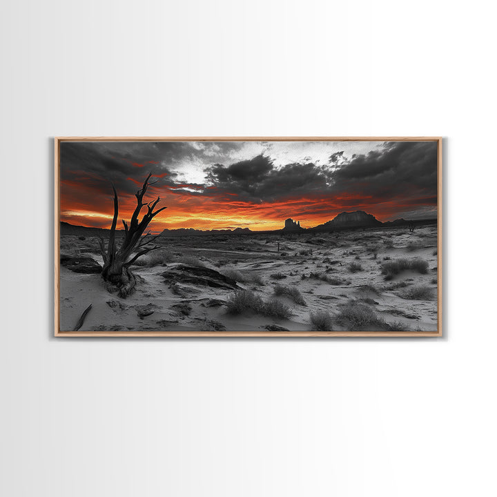 Desert Sunset, Red Sky, Monochrome Sand, Framed Canvas Print, Southwest Wall Art, Boho Bedroom Decor, Dramatic Nature Photography