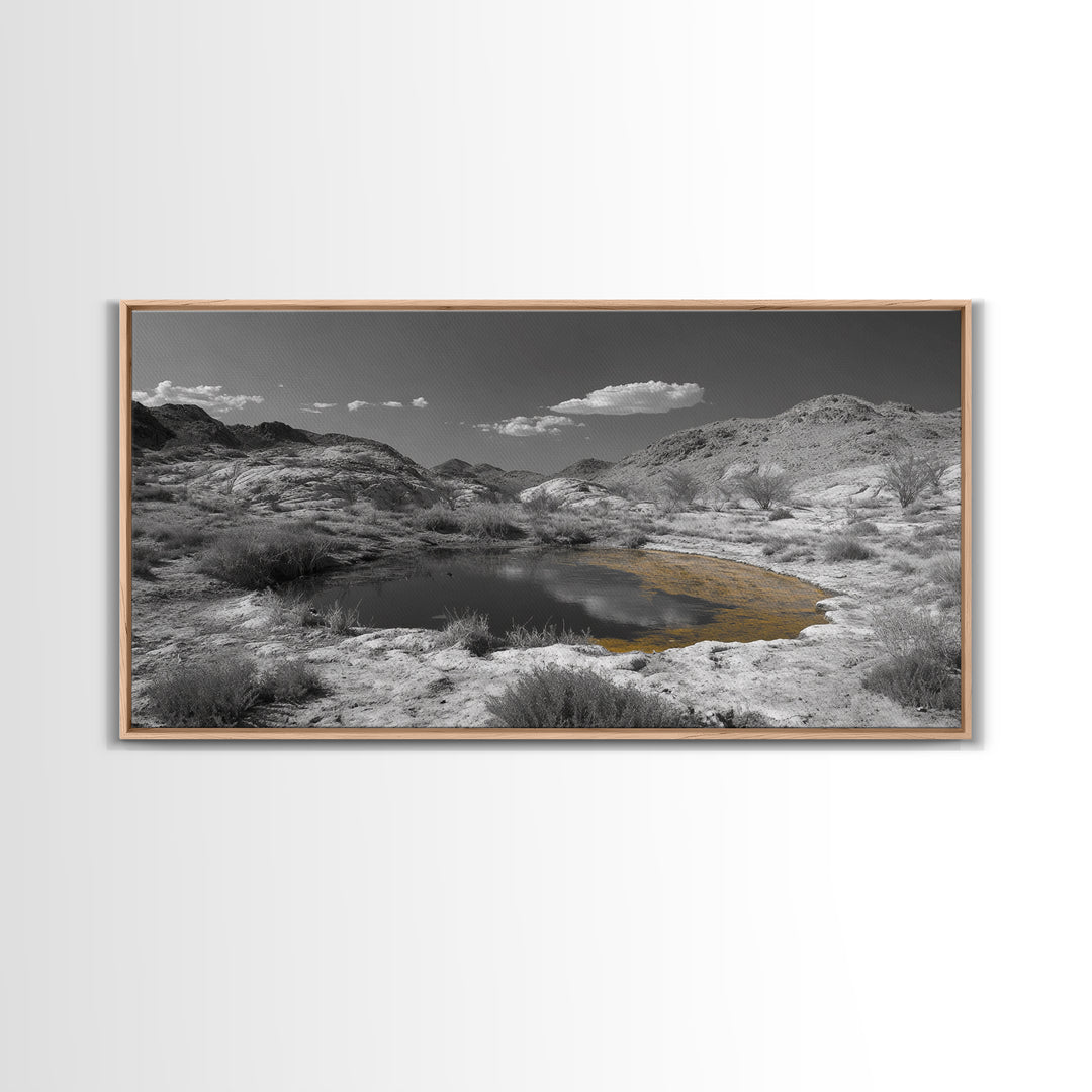 Desert Pool, Yellow Reflection, Desert Hills, Framed Canvas Print, Minimalist Nature Art, Neutral Home Decor, Modern Office Wall Art