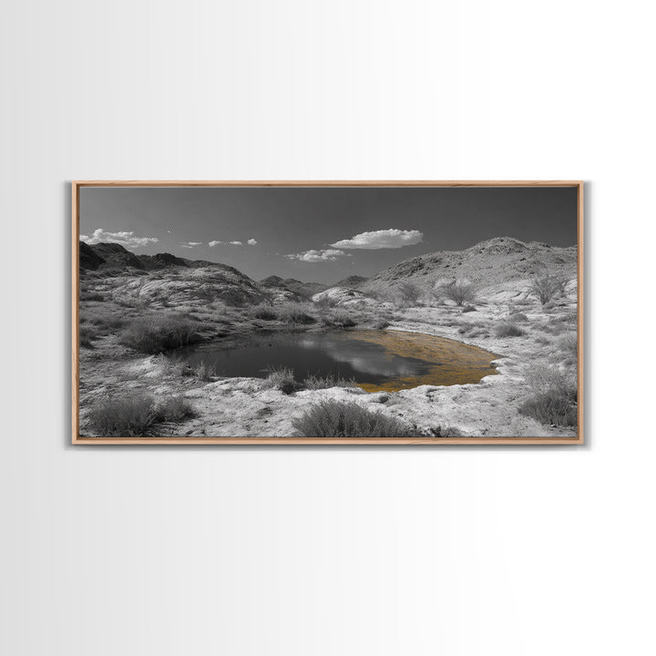 Desert Pool, Yellow Reflection, Desert Hills, Framed Canvas Print, Minimalist Nature Art, Neutral Home Decor, Modern Office Wall Art