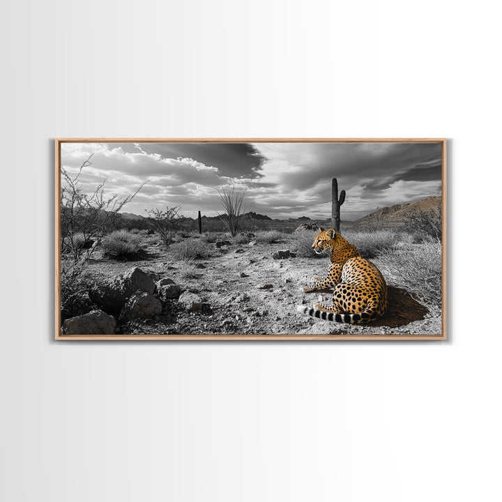 Cheetah Desert, Wild Cat, Monochrome Landscape, Framed Canvas Print, Safari Wall Art, Animal Lover Decor, Masculine Office Artwork