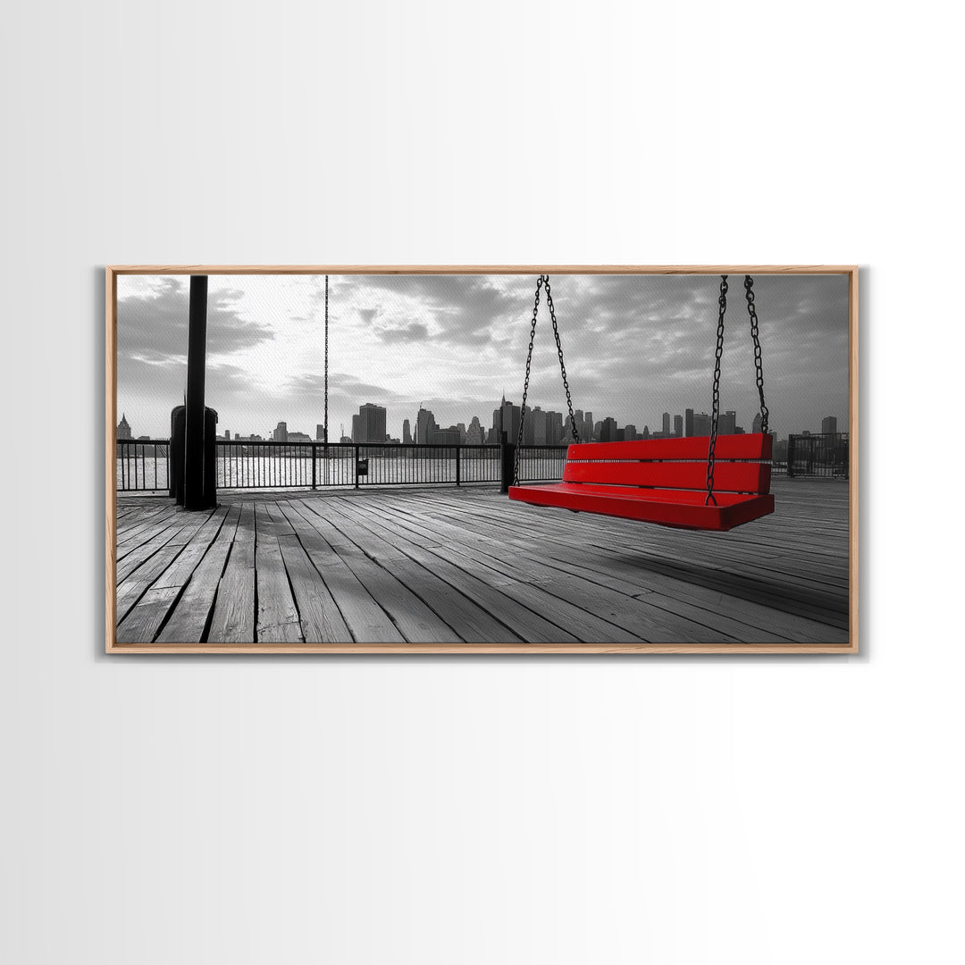 Red Swing, Skyline View, Urban Romance, Canvas Print, Cityscape Wall Art, Modern Minimalist Decor, Contemporary Bedroom Accent