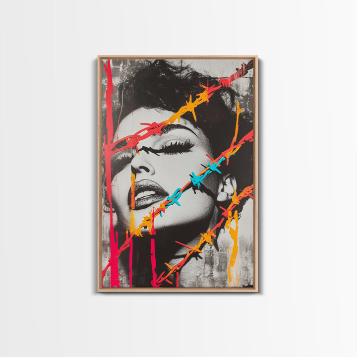 Neon Barbed Beauty, Graffiti Glam, Bold Portrait, Framed Canvas Print, Urban Wall Art, Edgy Bedroom Decor, Pop Art Style Statement
