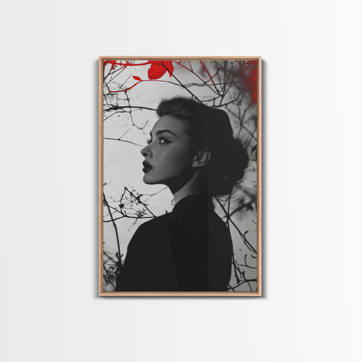 Noir Beauty, Red Accent Leaves, Dramatic Woman Profile, Framed Canvas Print, Glamour Wall Art, Gothic Bedroom Decor, Monochrome Style