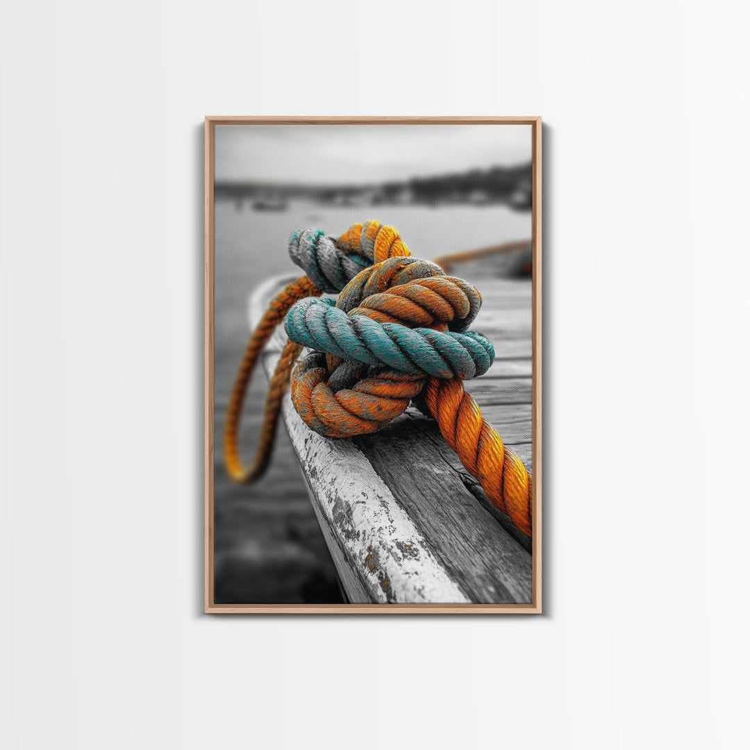 Nautical Rope, Boat Knot, Harbor Texture, Rustic Detail, Framed Canvas Print, Coastal Kitchen Art, Marine Decor, Boho Nautical Style