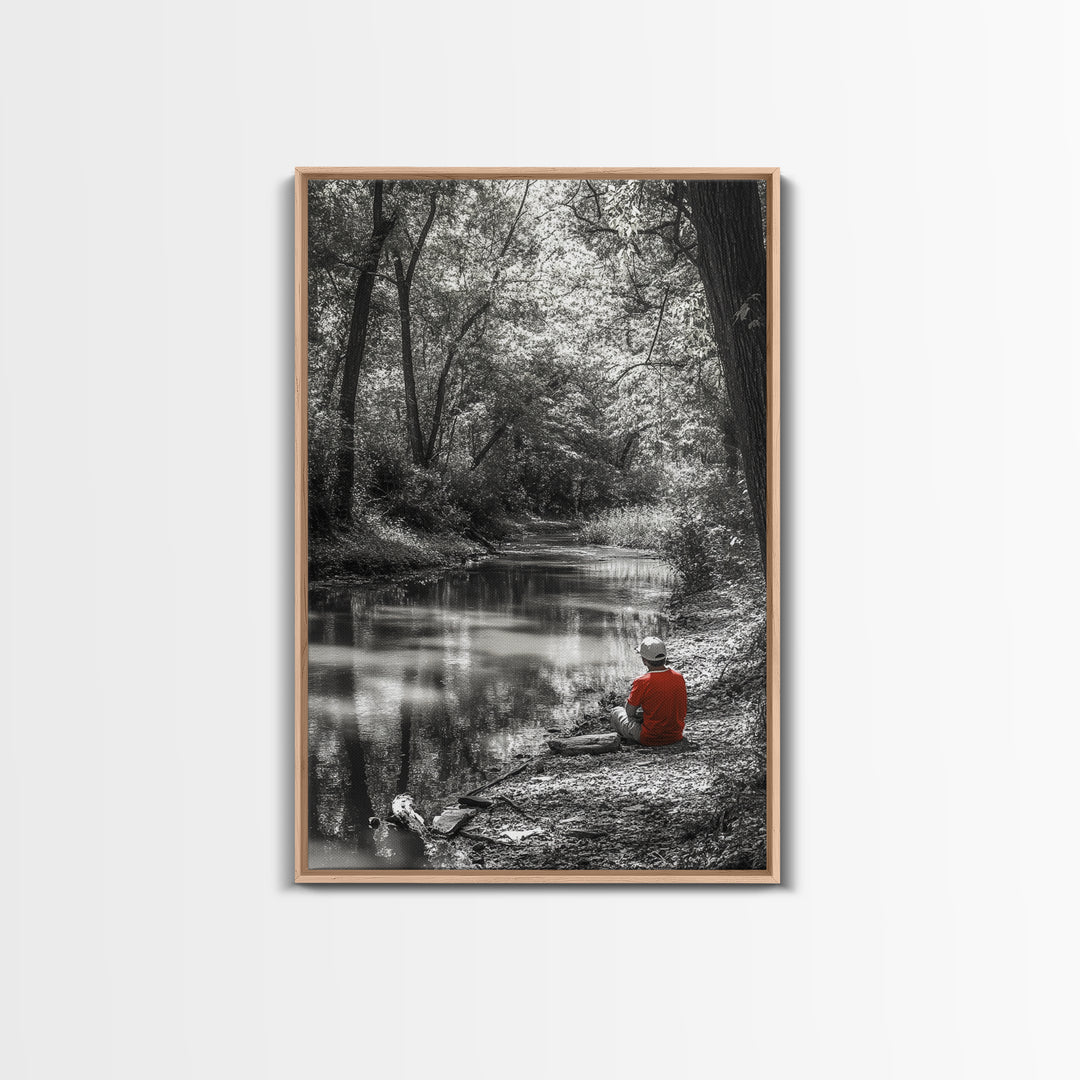 Boy Fishing, River Calm, Peaceful Moment, Nature Scene, Framed Canvas Print, Cabin Wall Art, Woodland Fall Decor, Tranquil Vibe