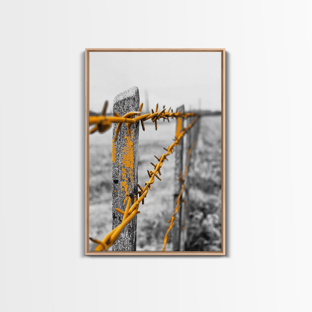 Yellow Fence Wire, Rustic Barbed Wire, Country Fence, Framed Canvas Print, Farmhouse Wall Art, Minimalist Rustic Home Decor