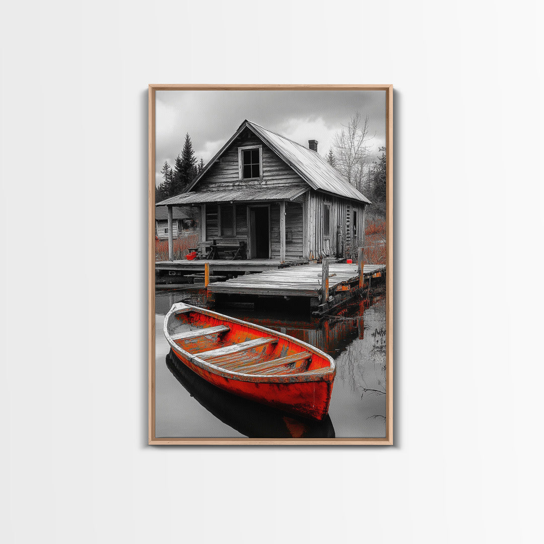 Cabin Reflection, Rustic Rowboat, Autumn Red, Lake Dock, Canvas Print, Fall Wall Art, Country Home Decor, Rustic Landscape, Lodge Style Art