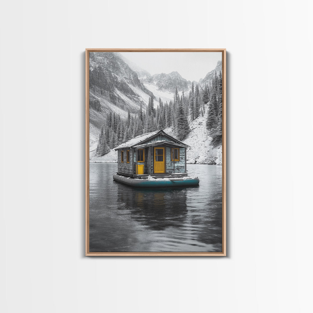Winter Cabin, Floating House, Snowy Pines, Mountain Lake, Canvas Print, Minimalist Winter Wall Art, Cabin Decor, Neutral Nature Scene