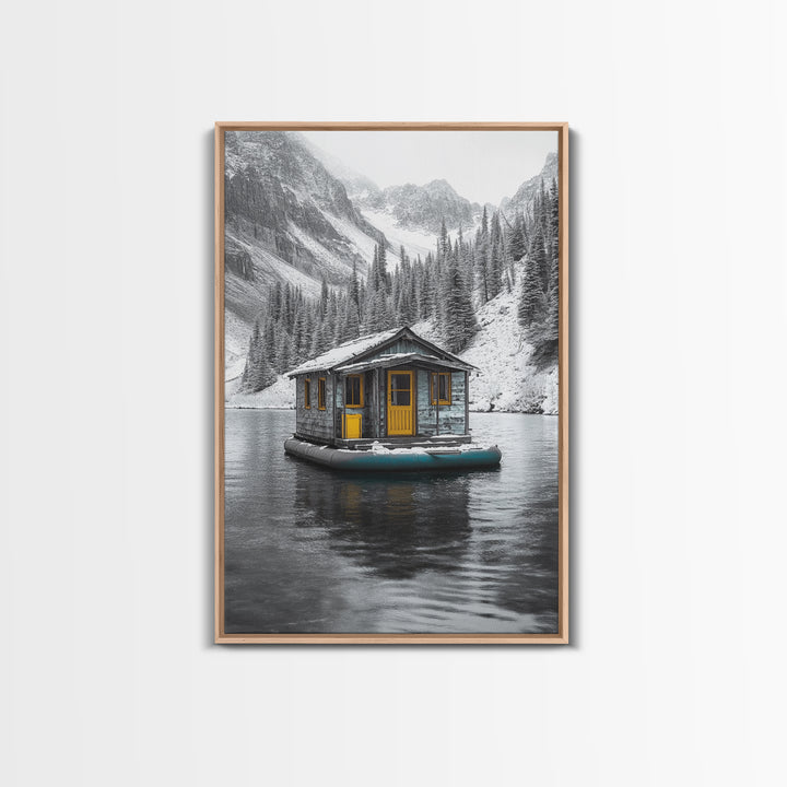Winter Cabin, Floating House, Snowy Pines, Mountain Lake, Canvas Print, Minimalist Winter Wall Art, Cabin Decor, Neutral Nature Scene