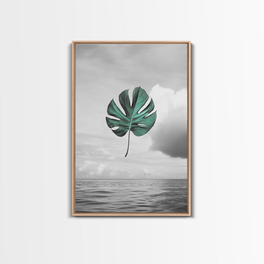 Monstera Leaf, Ocean Breeze, Tropical Minimalism, Floating Leaf, Framed Canvas Print, Modern Bathroom Art, Boho Decor, Tropical Wall Art